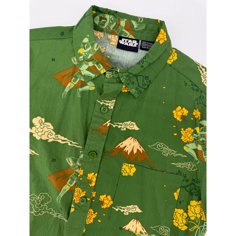 Star Wars Shirt Mens Small Green Boba Fett Samurai Hawaiian Button Short Sleeve